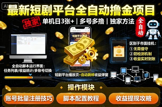 最新短剧平台全自动挂G撸金项目，单机一天3张+，多号多撸，区别于市面所有挂机项目，独家方法【揭秘】-搞砸网络-www.gaoza.cn