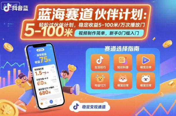 抖音蓝海赛道，轻松过伙伴计划，视频制作简单，万次播放收益在5-100米，稳定收益-搞砸网络-www.gaoza.cn