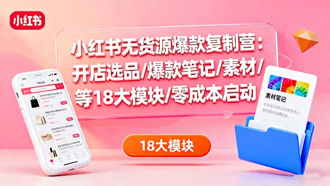 小红书无货源爆款复制营：开店选品/爆款笔记/素材/等18大模块/零成本启动-搞砸网络-www.gaoza.cn