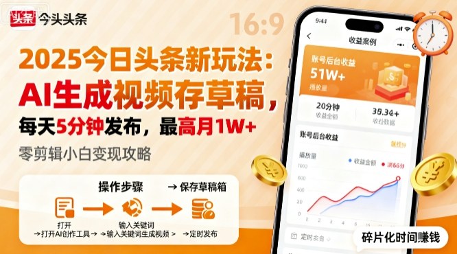 2025年今日头条躺賺新玩法，AI生成视频存草稿，每天5分钟发布，最高月1W+【揭秘】-搞砸网络-www.gaoza.cn