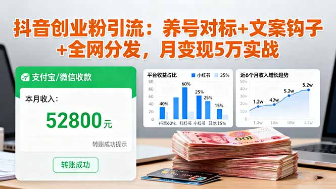抖音创业粉引流：养号对标+文案钩子+全网分发，月变现5万实战-搞砸网络-www.gaoza.cn