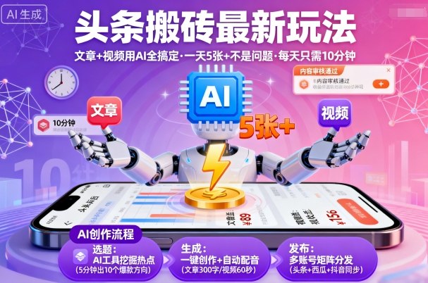 头条搬砖最新玩法，文章+视频用AI全搞定，一天5张+不是问题，每天只需10分钟-搞砸网络-www.gaoza.cn