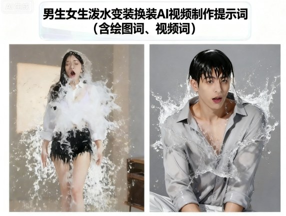 男生女生泼水变装换装AI视频制作提示词(含绘图词、视频词)-搞砸网络-www.gaoza.cn
